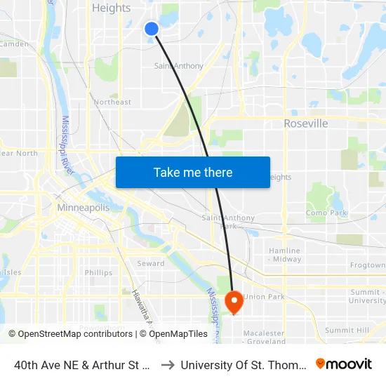 40th Ave NE & Arthur St NE to University Of St. Thomas map