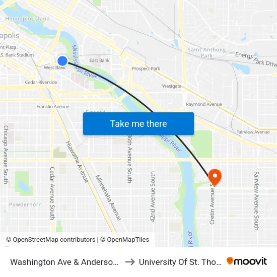 Washington Ave & Anderson Hall to University Of St. Thomas map
