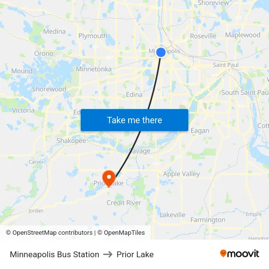 Minneapolis Bus Station to Prior Lake map