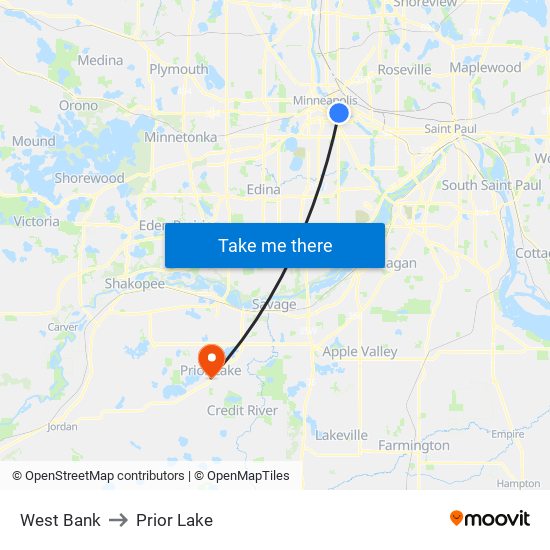 West Bank to Prior Lake map