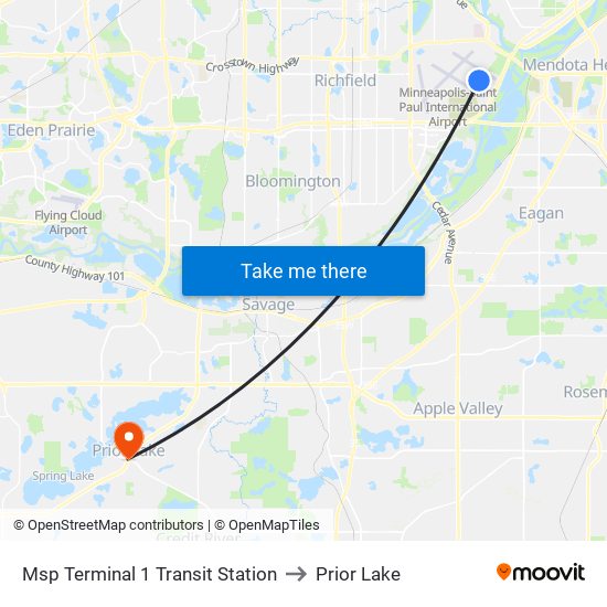 Msp Terminal 1 Transit Station to Prior Lake map