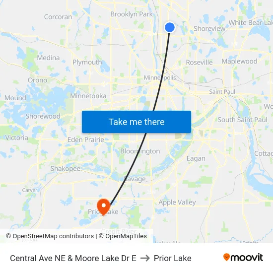 Central Ave NE & Moore Lake Dr E to Prior Lake map