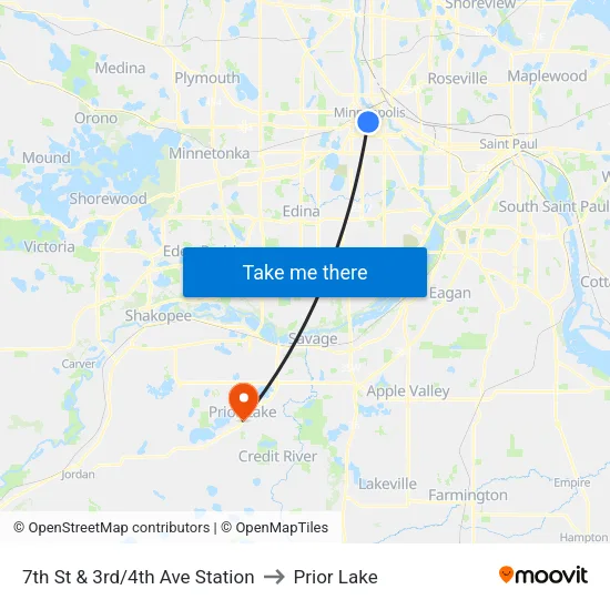 7th St & 3rd/4th Ave Station to Prior Lake map