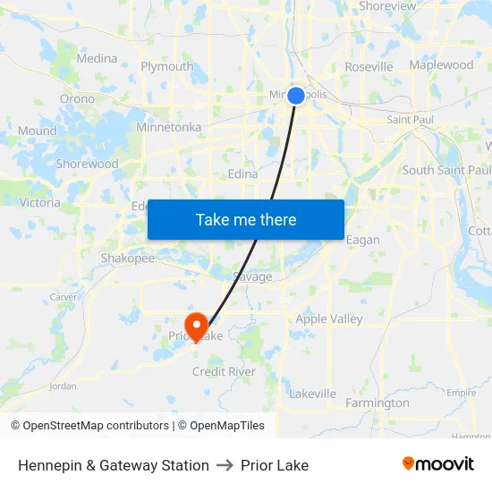 Hennepin & Gateway Station to Prior Lake map