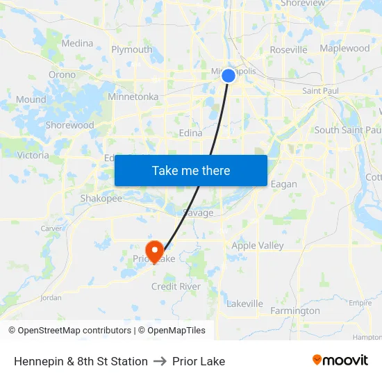 Hennepin & 8th St Station to Prior Lake map