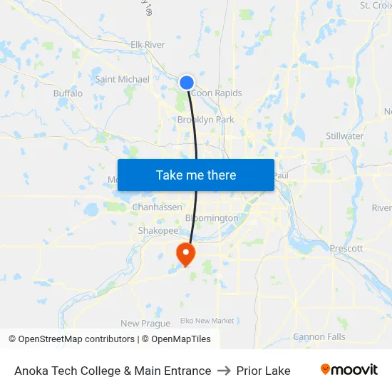 Anoka Tech College & Main Entrance to Prior Lake map