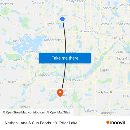 Nathan Lane & Cub Foods to Prior Lake map