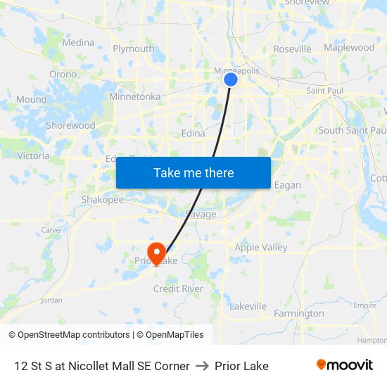 12 St S at Nicollet Mall SE Corner to Prior Lake map