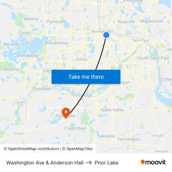 Washington Ave & Anderson Hall to Prior Lake map