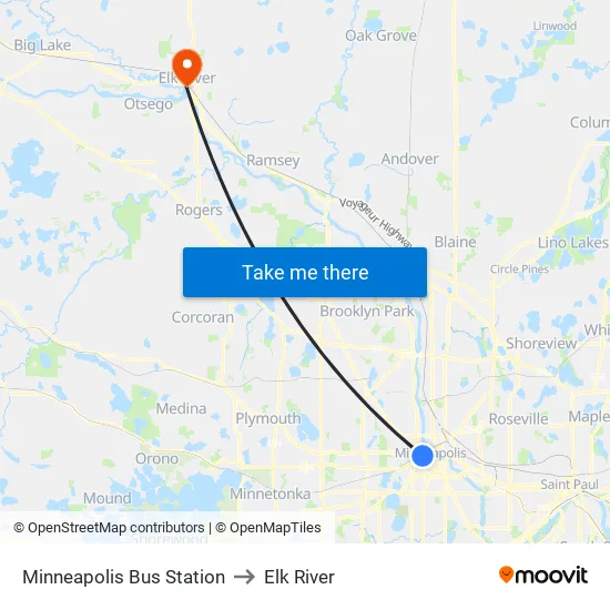 Minneapolis Bus Station to Elk River map