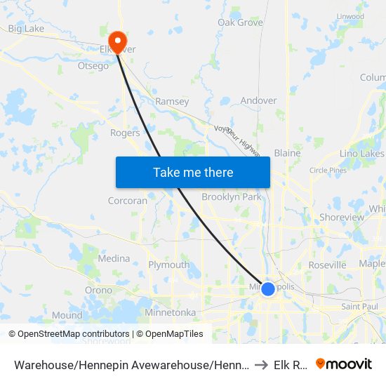 Warehouse/Hennepin Avewarehouse/Hennepin Avenue to Elk River map