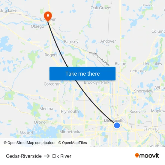 Cedar-Riverside to Elk River map