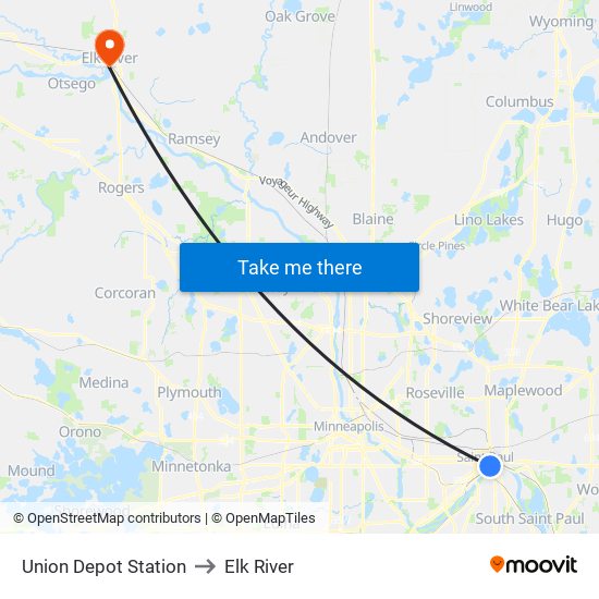 Union Depot Station to Elk River map