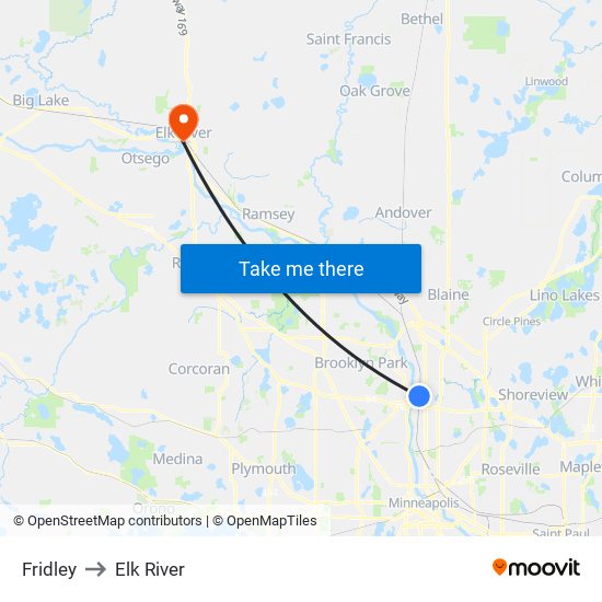 Fridley to Elk River map
