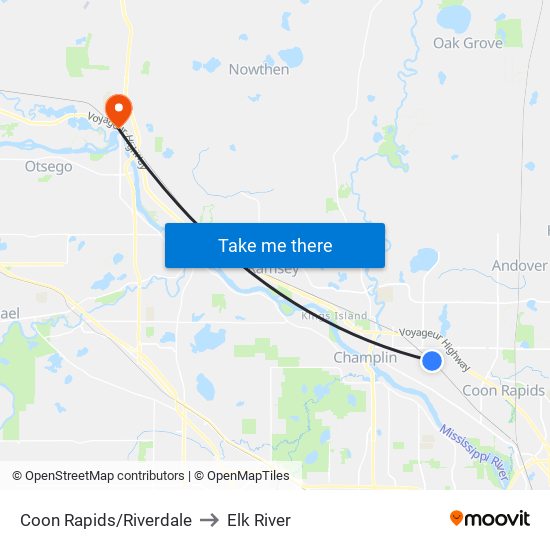 Coon Rapids/Riverdale to Elk River map