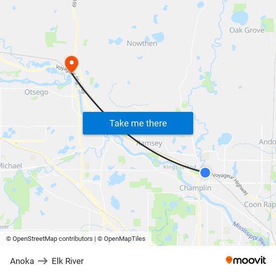 Anoka to Elk River map