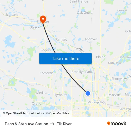 Penn & 36th Ave Station to Elk River map