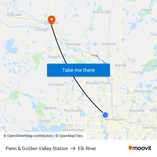Penn & Golden Valley Station to Elk River map