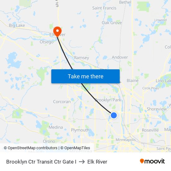 Brooklyn Ctr Transit Ctr Gate I to Elk River map