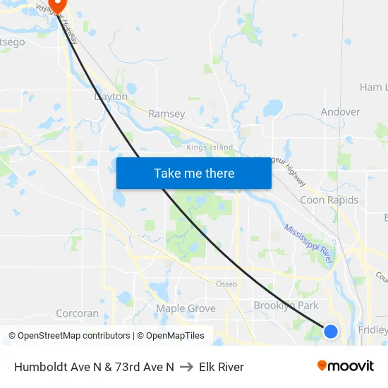 Humboldt Ave N & 73rd Ave N to Elk River map