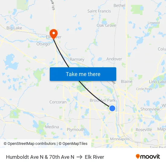 Humboldt Ave N & 70th Ave N to Elk River map