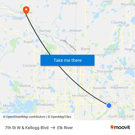 7th St W & Kellogg Blvd to Elk River map