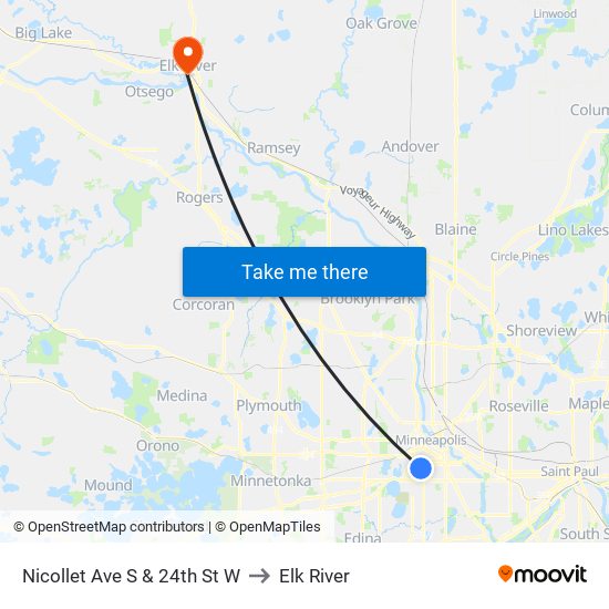 Nicollet Ave S & 24th St W to Elk River map