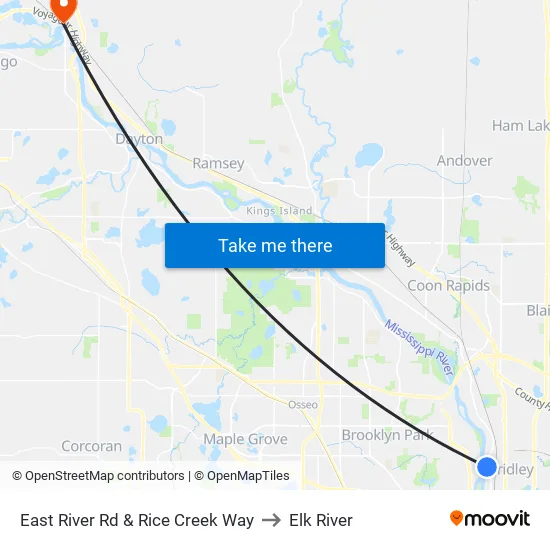 East River Rd & Rice Creek Way to Elk River map