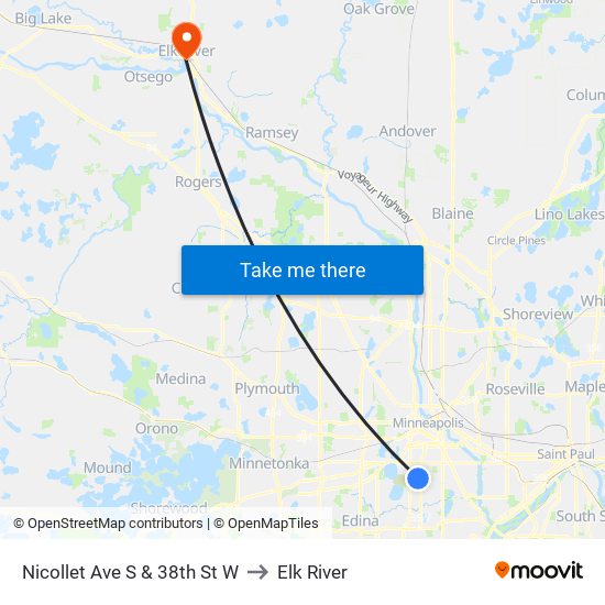 Nicollet Ave S & 38th St W to Elk River map