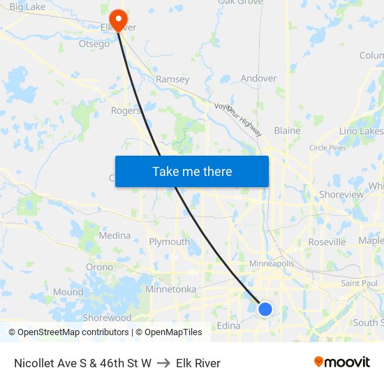 Nicollet Ave S & 46th St W to Elk River map