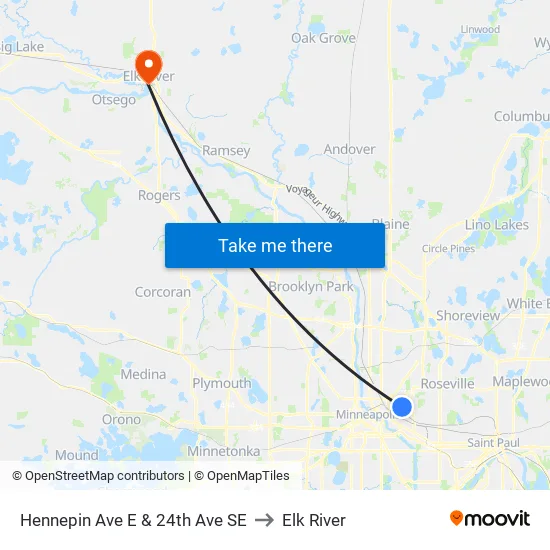 Hennepin Ave E & 24th Ave SE to Elk River map