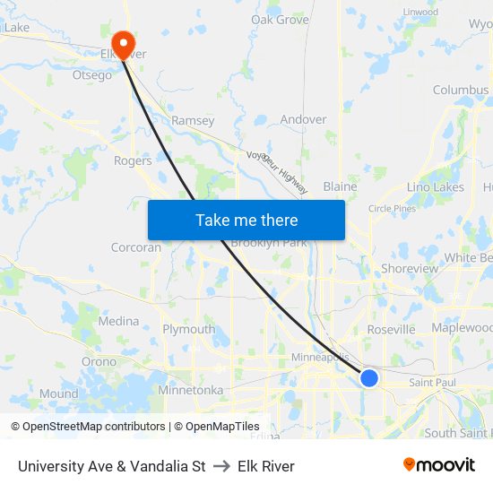 University Ave & Vandalia St to Elk River map