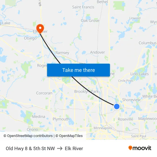 Old Hwy 8 & 5th St NW to Elk River map