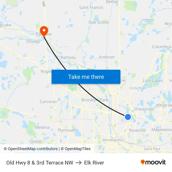 Old Hwy 8 & 3rd Terrace NW to Elk River map