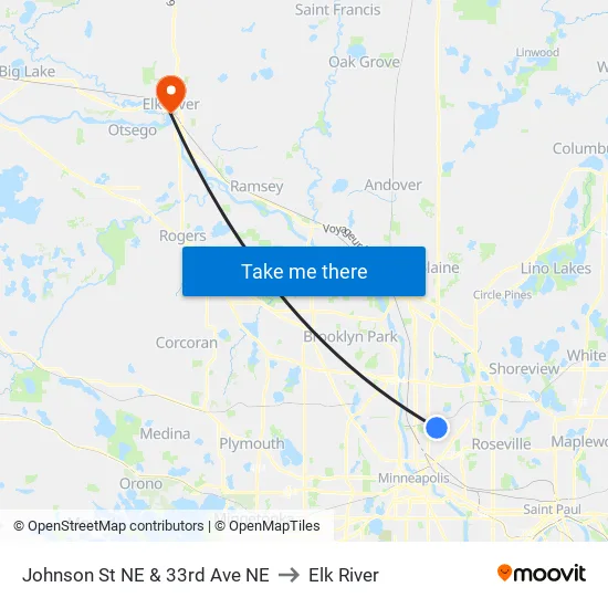 Johnson St NE & 33rd Ave NE to Elk River map