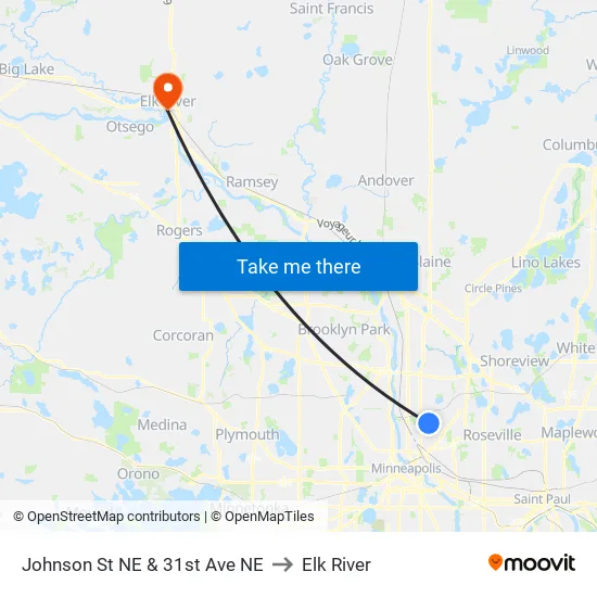 Johnson St NE & 31st Ave NE to Elk River map