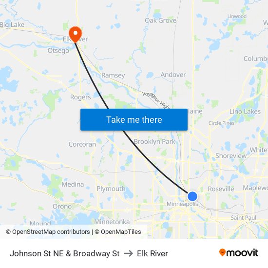 Johnson St NE & Broadway St to Elk River map