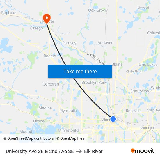 University Ave SE & 2nd Ave SE to Elk River map