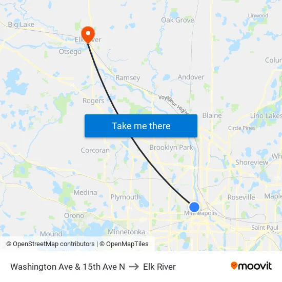 Washington Ave & 15th Ave N to Elk River map