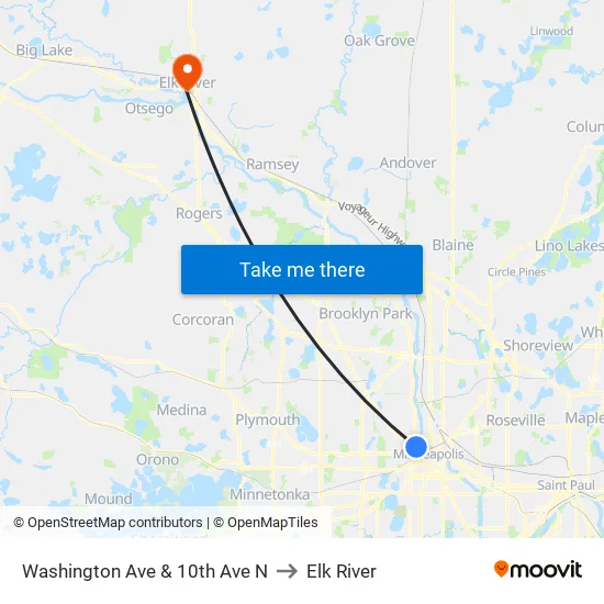 Washington Ave & 10th Ave N to Elk River map
