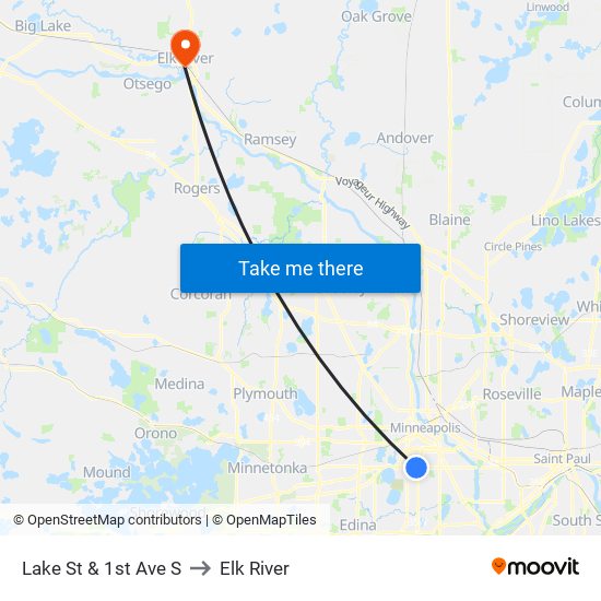 Lake St & 1st Ave S to Elk River map