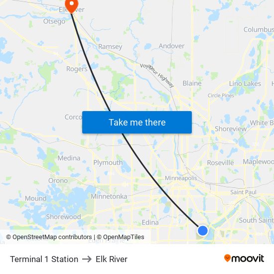 Terminal 1 Station to Elk River map