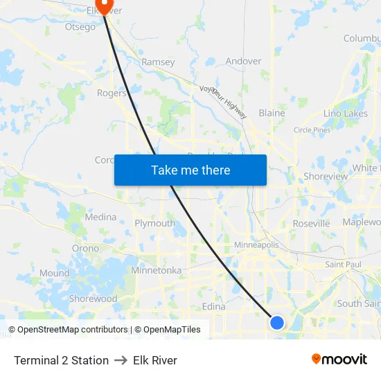 Terminal 2 Station to Elk River map
