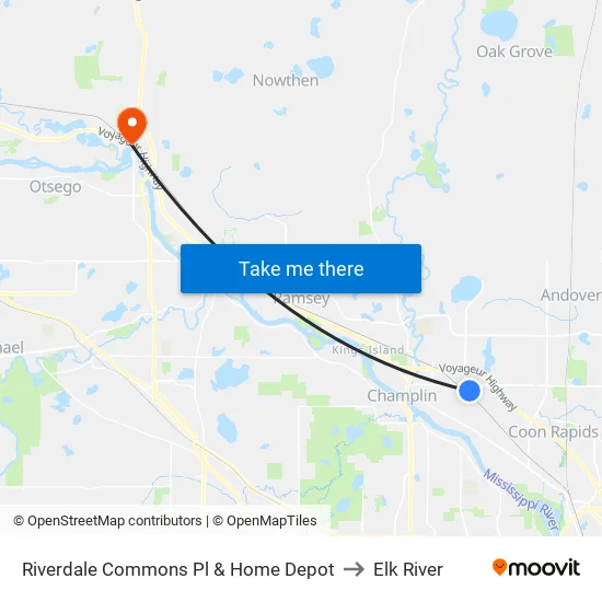 Riverdale Commons Pl & Home Depot to Elk River map