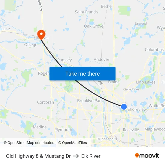 Old Highway 8 & Mustang Dr to Elk River map