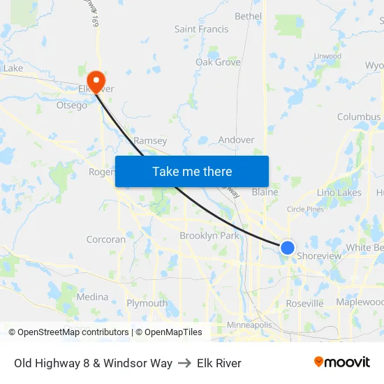 Old Highway 8 & Windsor Way to Elk River map