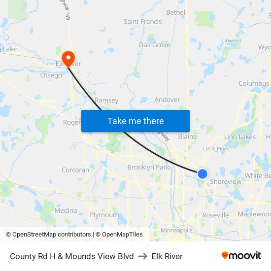 County Rd H & Mounds View Blvd to Elk River map