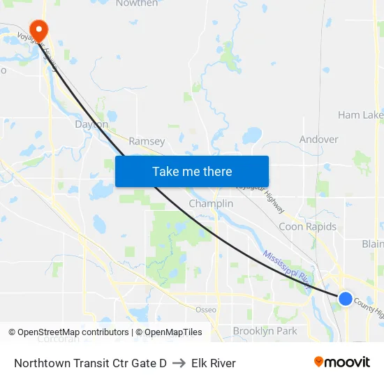 Northtown Transit Ctr Gate D to Elk River map