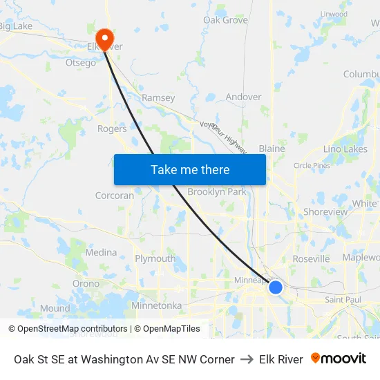 Oak St SE at Washington Av SE NW Corner to Elk River map