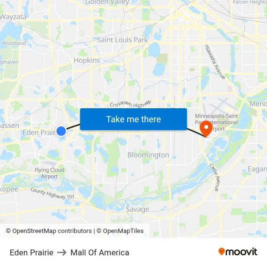 Eden Prairie to Mall Of America map